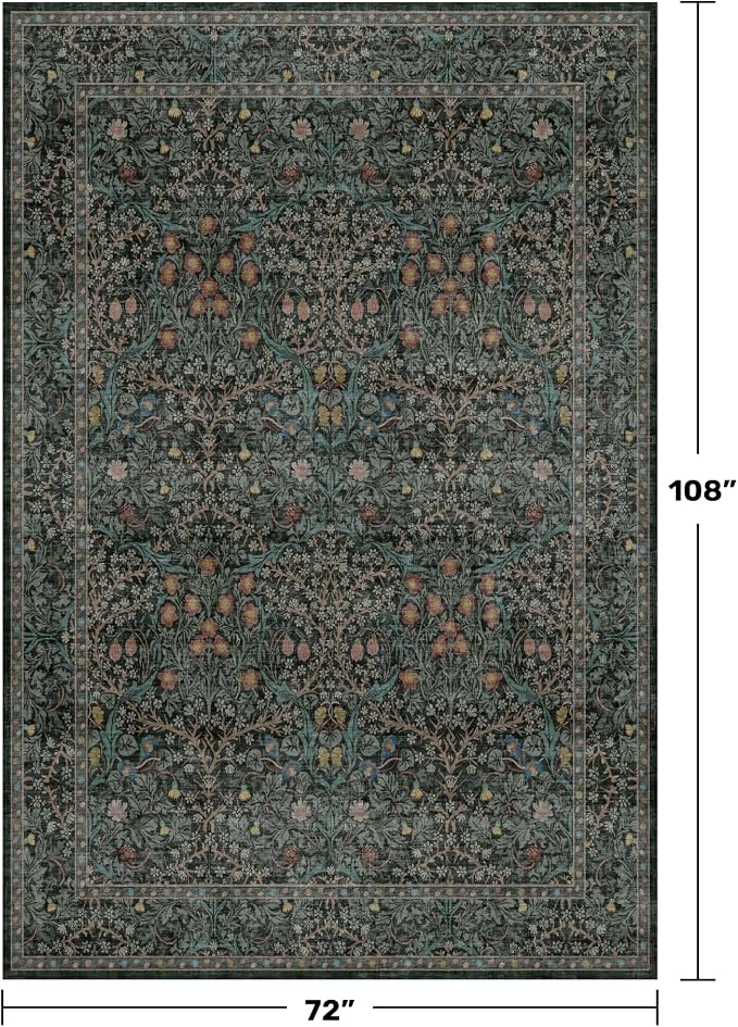 Dining Room Rugs for Under Table - 6x9 Washable Dark Green Oriental Area Rug for Living Room, Low Pile Non-Slip Floor Carpet for Bedroom - Vintage Design & Stain Resistance (6x9 Dark Green)