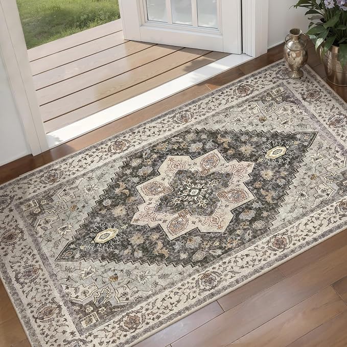 Tangsoo 2x4 Runner Washable Rugs for Entryway, Non Slip Small Area Rug | Farmhouse Indoor Front Door Print Rug, Vintage Small Carpet Soft Low Pile Rugs for Entrance Entry Kitchen Bathroom Grey/Multi