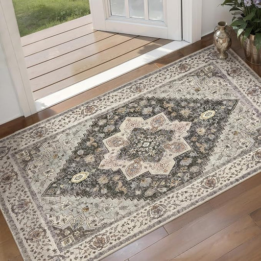 Tangsoo 2x4 Runner Washable Rugs for Entryway, Non Slip Small Area Rug | Farmhouse Indoor Front Door Print Rug, Vintage Small Carpet Soft Low Pile Rugs for Entrance Entry Kitchen Bathroom Grey/Multi