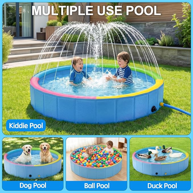 Foldable Dog Pool with Sprinkler, Ideal Splash Pool Swimming Pools | Large 48” Dog Pool, Splash Pad, Hard Plastic, Non Slip, Portable Dog Swimming Pool for Outdoor Backyard