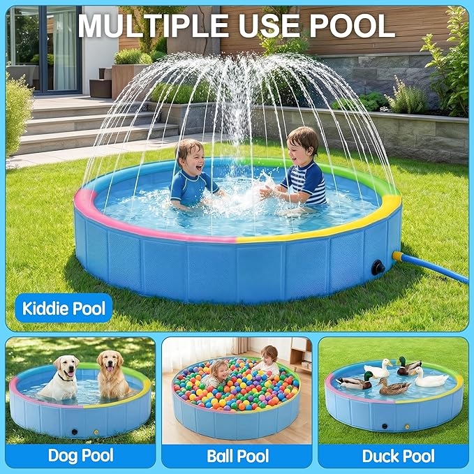 Foldable Dog Pool with Sprinkler, Ideal Splash Pool Swimming Pools | Large 63” Dog Pool, Splash Pad, Hard Plastic, Non Slip, Portable Dog Swimming Pool for Outdoor Backyard