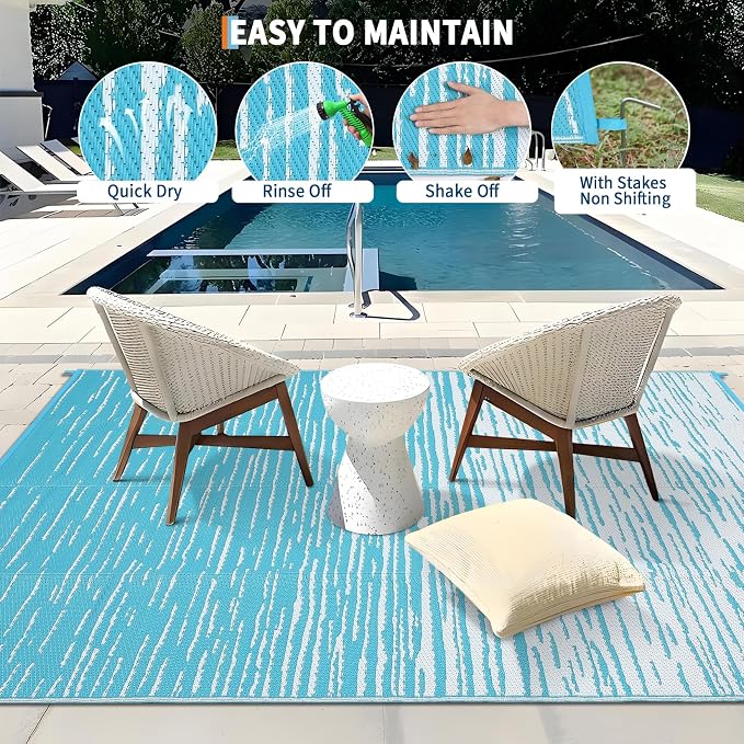 Garvee Waterproof Outdoor Rug for Camping, 5x8 Abstract Outdoor Patio Rug Plastic Straw RV Rugs for Outside, Reversible UV Resistant Modern Mats for Picnic Backyard Deck Balcony, Light Blue