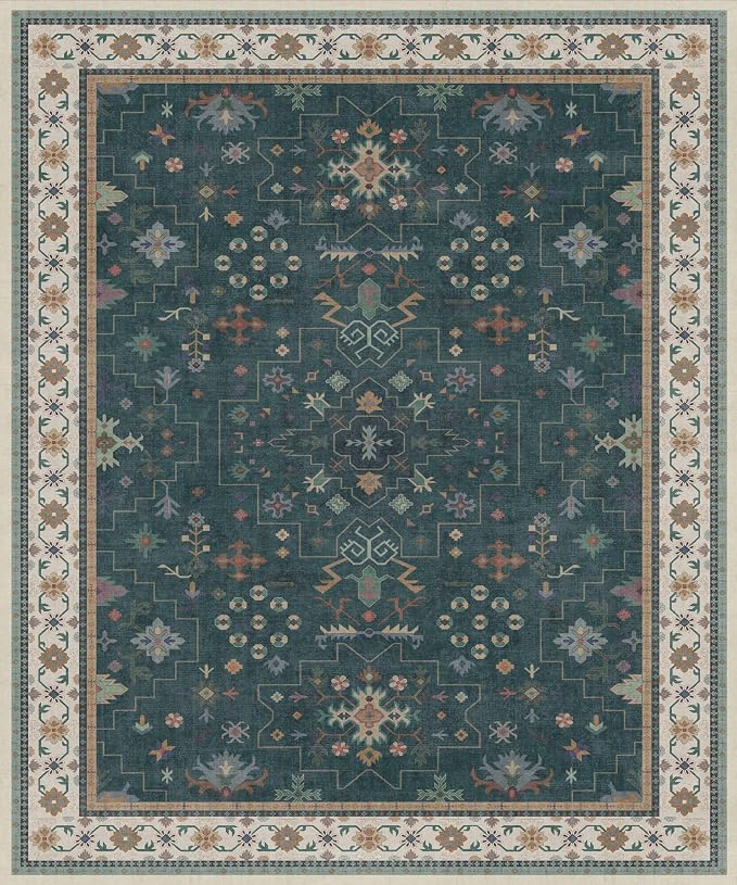 Dark Green Oushak Living Room Rug 10x12 - Modern Vintage Boho Eclectic Floral Pastel, Washable Low Pile Non-Slip Extra Large Area Rugs for Dining Under Table Bedroom Lounge