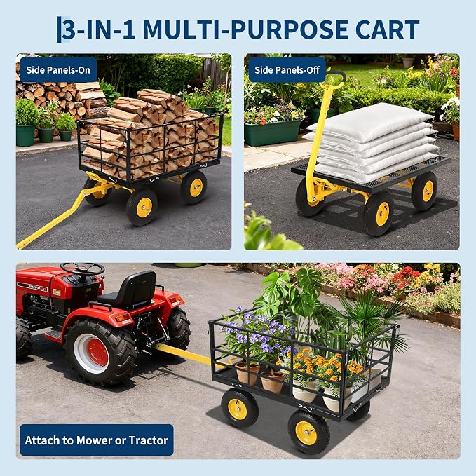 Garvee 1500 LB Garden Dump Cart with 13 in All Terrain Tires, 3-in-1 Yard Wagon Cart with Removable Side Panels, Heavy Duty Outdoor Metal Utility Wagon Yard Trailer for Outdoor Lawn, Yard, Backyard | 13 in All Terrain Tires, 3-in-1 Utility Yard Wagon C...