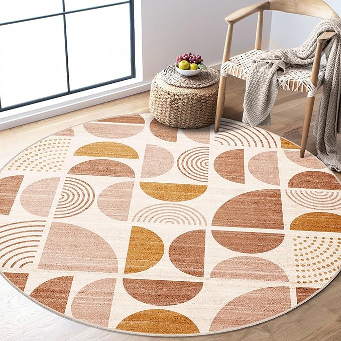Round Rugs 5ft,Circle Area Rug Washable Non Slip Modern Abstract Boho | Circular Rugs for Bedroom Living Room Dining Room Throw Carpet Soft Low Pile Floor Indoor Bohemian Orange