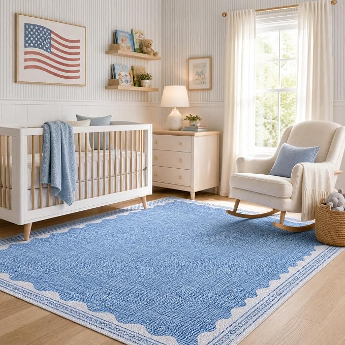 GarveeHome 4 x 6 Rug Non-Slip Washable Low-Pile Carpet - Scalloped Solid Blue Modern Minimalism Rugs for Bedroom Living Room Nursery Kitchen Entryway Indoor Mat with Rubber Back