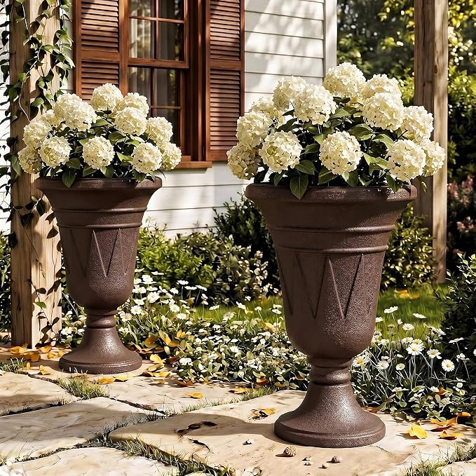 Tall Urn Planters for Outdoor Plants Set of 2-23.6" H Vintage Trophy Design Outdoor Planters for Porch Decor with Drainage Hole, Indoor Large Flower Pots, Pedestal Planter/Garden Vase, Brown
