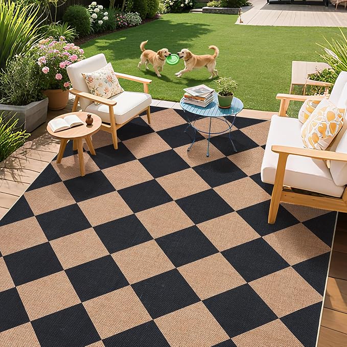 GarveeHome Checkered Easy Jute 5x7 Area Rugs for Living Room Machine Washable Non-Slip Backing Stain Resistant Modern Indoor Outdoor Rugs for Farmhouse Dining Room Patio Black Tan
