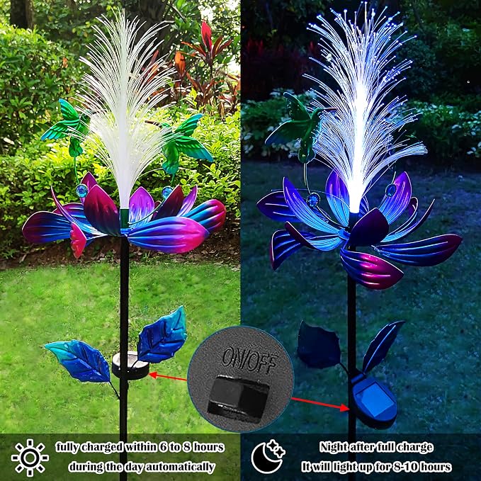 Solar Hummingbird Wind Spinners, Solar Firework Lights Garden Décor, Metal Lotus Flower Windmill Colour Changing Optical Fiber Lights Yard Decoration, Outdoor Wind Sculpture for Lawn Patio,Balcony