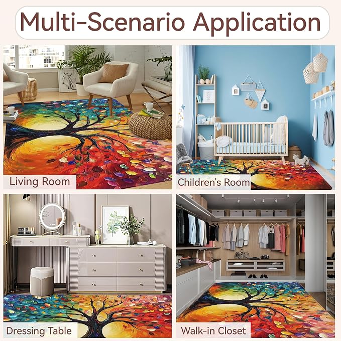 Tree of Life Washable Area Rugs 5x7,Colorful Abstract Leaves Area Rug for Living Room Bedroom,Indoor Non-Slip Large Throw Carpet for Kitchen Entryway Bathroom Office