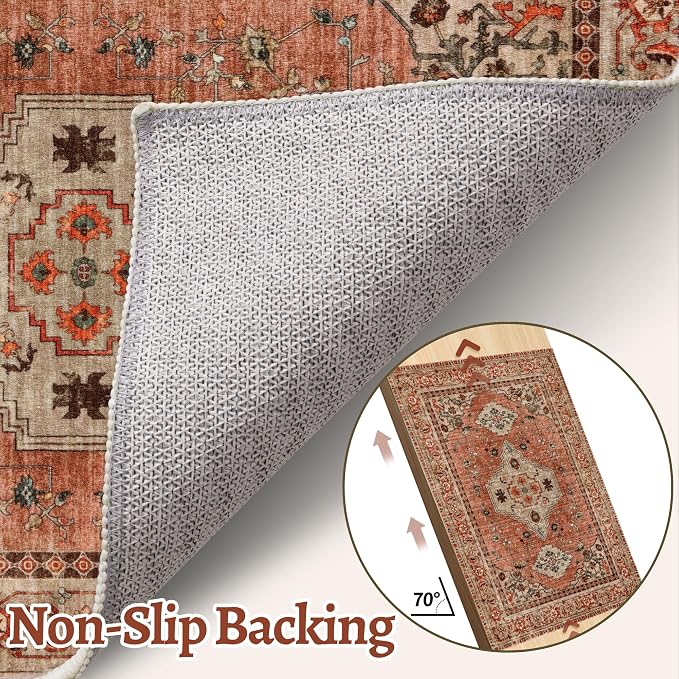 Tangsoo Boho Hallway Runner Rug 2.6x14 Washable Runner Rug Non Slip | Vintage Soft Low Pile 14ft Long Rug Runner, Oriental Terracotta Indoor Carpet Runner for Bedroom Living Room Home Decor