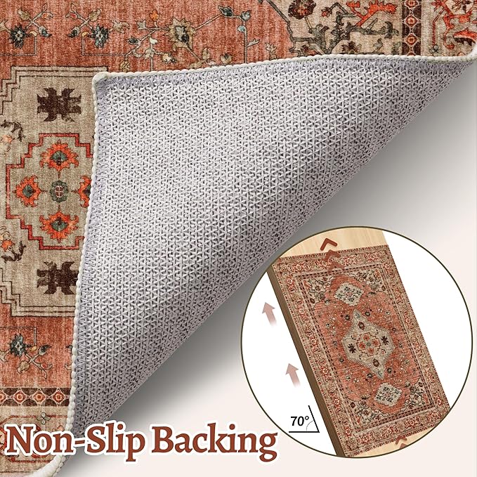 Tangsoo Boho Runner Rug, 2x6 Washable Runner Rugs for Hallways, Non Slip | Oriental Soft Low Pile Rug Runners, Vintage Print Carpet Runner for Kitchen Bedroom Entryway Bathroom Living Room Terracotta