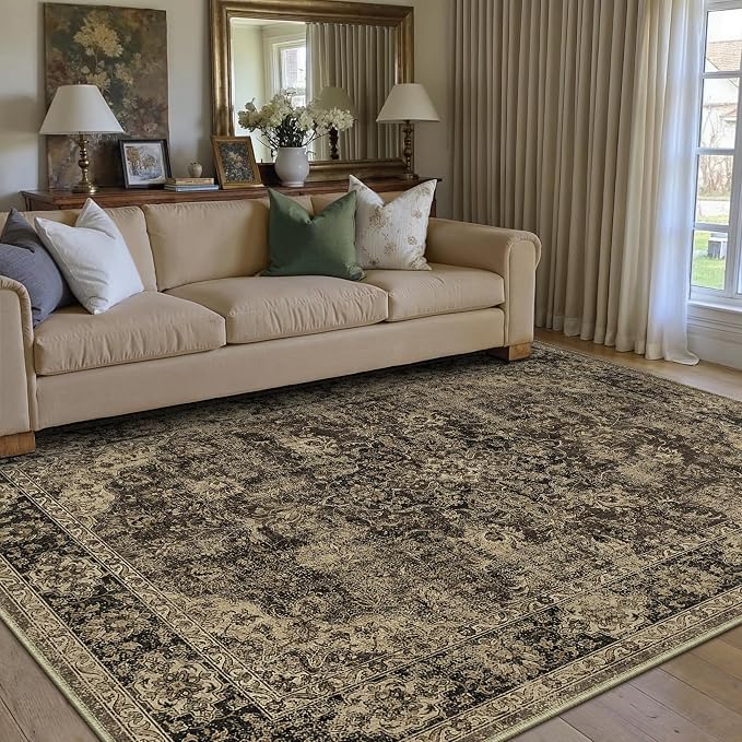 HUGEAR 3x5 Entryway Area Rug Retro Brown Small Rug Machine Washable Door Mat Vintage Floral Low Pile Carpet Distressed Throw Rug Entrance Kitchen Bedroom Bathroom Office Non Slip Soft Lightweight
