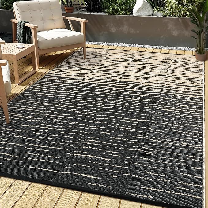 Garvee 5x8 RV Outdoor Rug Waterproof, Modern Striped Outdoor Plastic Straw Rug, Reversible UV Resistant Abstract Outside Rugs for Picnic Backyard Deck Balcony Porch Beach, Black Coffee