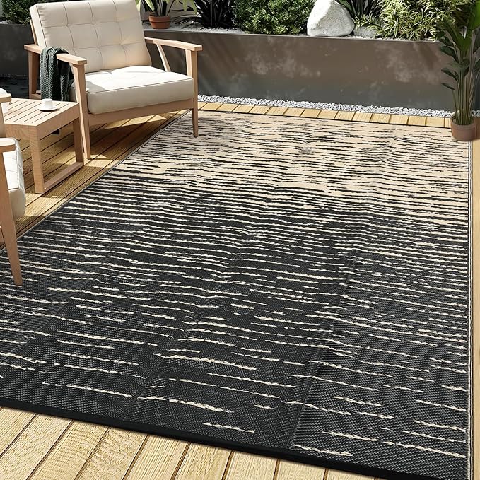 Garvee 6x9 RV Outdoor Rug Waterproof, Modern Striped Outdoor Plastic Straw Rug, Reversible UV Resistant Abstract Outside Rugs for Picnic Backyard Deck Balcony Porch Beach, Black Coffee