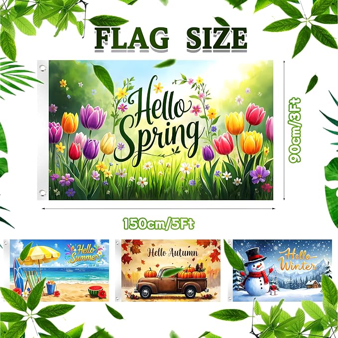 4Pcs Large Garden Flag 3x5 Ft Outdoor Double Sided Four Seasons Yard Flags with 2 Grommets Hello Spring Summer Autumn Winter Holiday Flag Banner for Outdoor Indoor Decor Backdrop