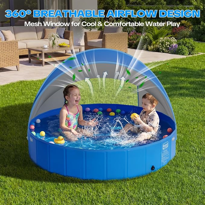 Baby Pool with Canopy, 47" Kiddie Pool with UPF 50+ Sunshade | Foldable Toddler Pool and Kids Pool with Non-slip Design, Portable Setup and Durable Construction for Backyard Summer Fun