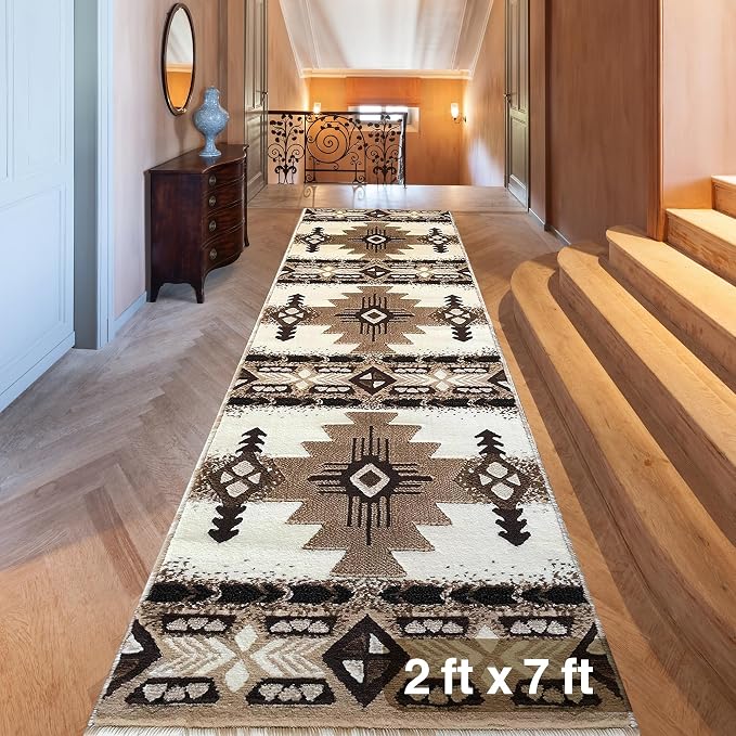 YHSF Southwest Native American Area Rug – Thick, Soft, Durable & Easy to Maintenance Tribal Design Boho Rug– Ideal for Bedroom, Living Room & Hallway - Ivory, 2 Feet x 7 Feet