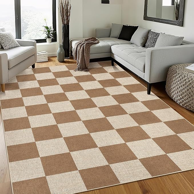 Garvee 8x10 Rugs for Living Room Easy Jute Modern Checkered Rug, Brown | Bedroom Washable Rugs Stain Resistant Easy Cleaning Non Slip Floor Cover for Dining Room Office Nursery