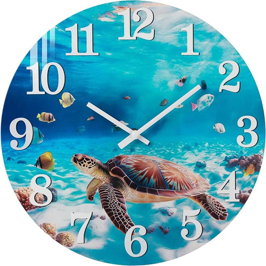 Yoiolclc Outdoor Clock Waterproof Ocean Nautical Wall Clocks for Patio Pool Garden Bathroom Home Decor(12 Inch,Blue,Sea Turtle)