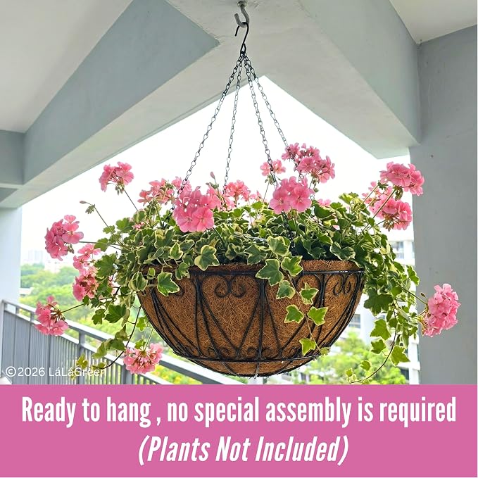 LaLaGreen Hanging Baskets for Plant Outdoor (18 Inch, 2 Pack) Large Black Metal Wire Hanging Planter with Coco Liner Round Flower Pot Hook Holder Hanger Deck Porch Modern Garden Balcony Country Decor