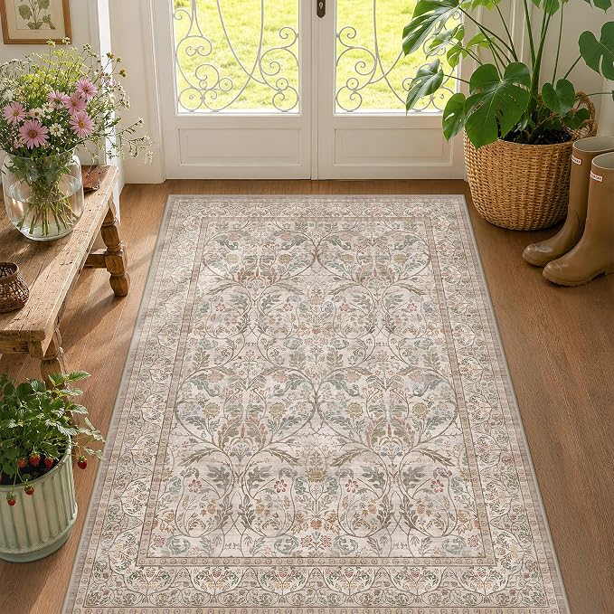 Moss Green Washable 3x5 Rug, Small Area Rug for Entryway Bedroom Bathroom Kitchen, Vintage Floral Non Slip Soft Door Mat, Low Pile Stain Resistant Carpet