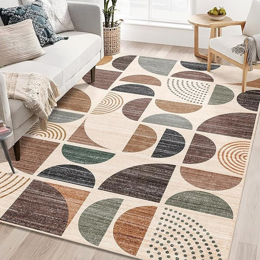 5x7 Area Rugs Washable,Boho Rugs Non Slip Modern Abstract Large | Throw Carpet for Living Room Bedroom Dining Room Soft Low Pile Floor Indoor Bohemian Brown