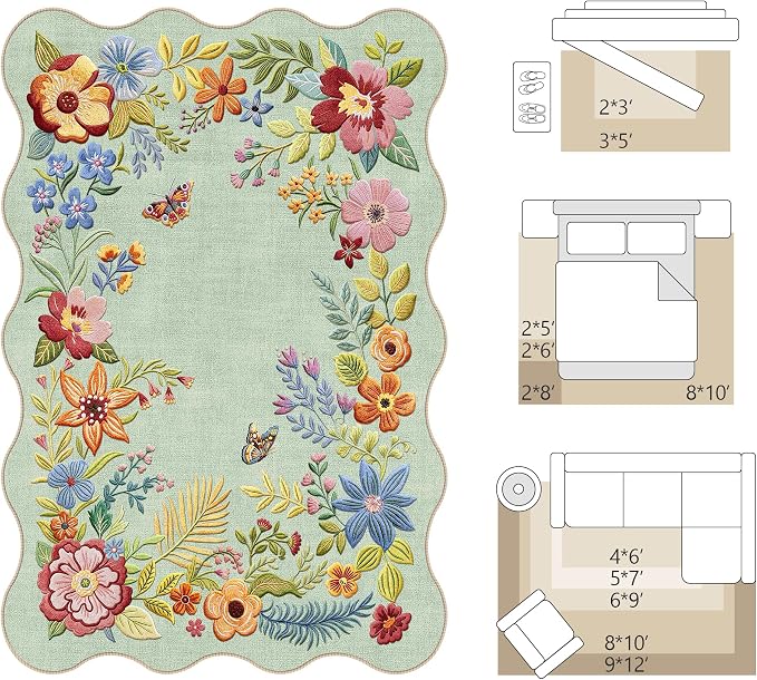 FMFUNCTEX 2x3 Washable Floral Vintage Scalloped Boho Flower Entryway Rug | Soft Colorful Traditional Door Mat Non Slip Low Pile Indoor Small Throw Rugs Entry Way Entrance Kitchen Laundry Doorway