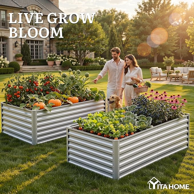 YITAHOME 6x3x2ft Large Raised Garden Bed Kit, Galvanized Metal Planter Box with Gloves, Support Rod, Outdoor Above Ground Planters for Plants, Vegetables, Flowers, Silver Gray
