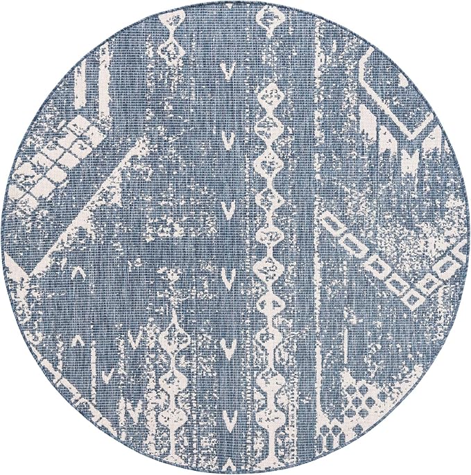 Unique Loom Outdoor Bohemian Collection Area Rug - Anthro (6' 1" Round, Blue/ Ivory)