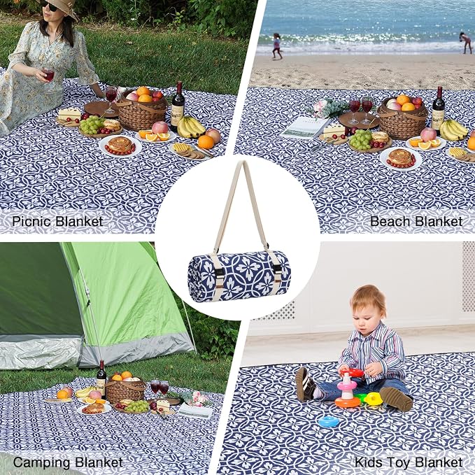 WILLOW WEAVE Picnic Blanket, 80''x80'' Waterproof Outdoor Blankets, Picnic Mat Washable for Beach, Picnic Blankets for Camping on Grass with Shoulder Strap - NavyBlue