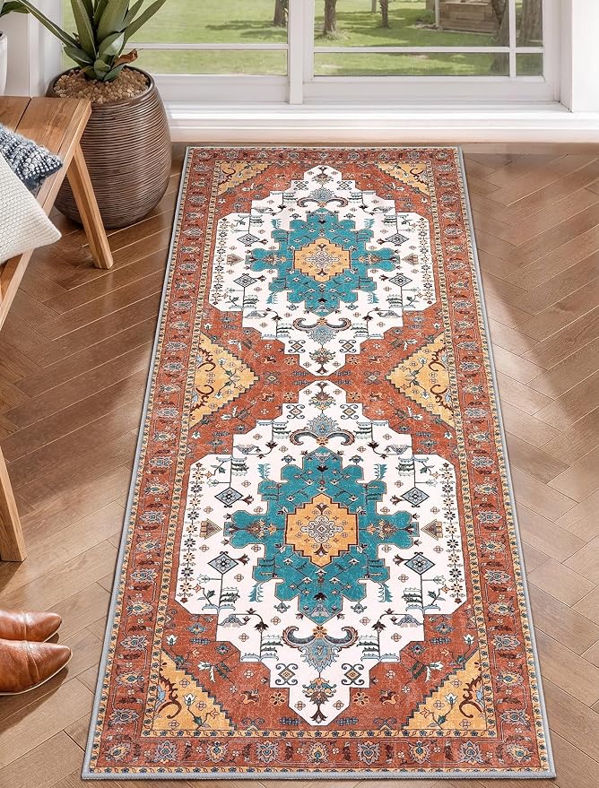 SERISSA 2x5 Washable Non Slip Boho Runner Rug for Hallway，Orange | Ultra Soft Vintage Oriental Carpet Low-Pile Distressed Tribal Floor Carpet for Kitchen Bedroom Bathroom Laundry Living Room
