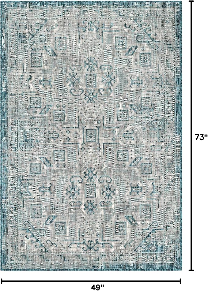 Unique Loom Outdoor Aztec Collection Area Rug - Coba (4' 1" x 6' 1" Rectangle, Teal/ Ivory)
