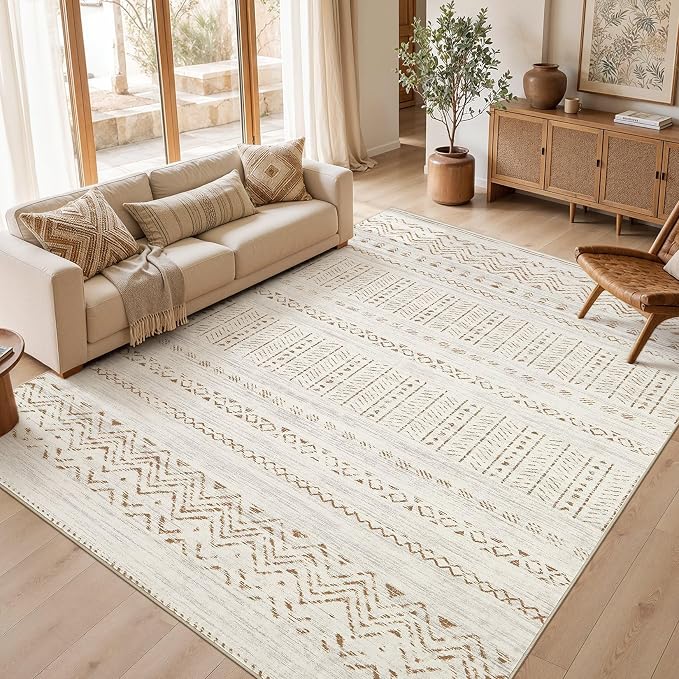 cotiled Boho 8x10 Area Rugs for Living Room: Large Moroccan Washable Rug | Stain Resistan Carpet for Bedroom Farmhouse Brown Cream