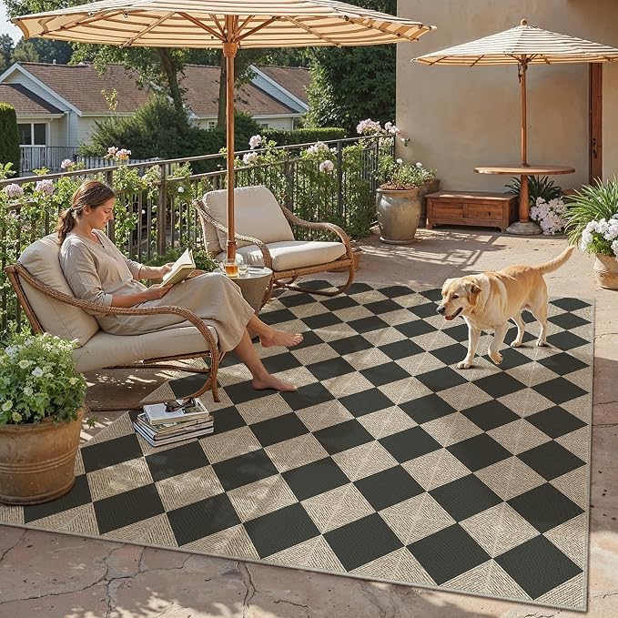 PureCozy 6x9 Checkered Chevron Pattern Area Rug for Living Room Checkerboard Washable Indoor Outdoor Carpet Farmhouse Patio Office Mat Textured Diamond Non Slip Black Carpet for Backyard Dining Room