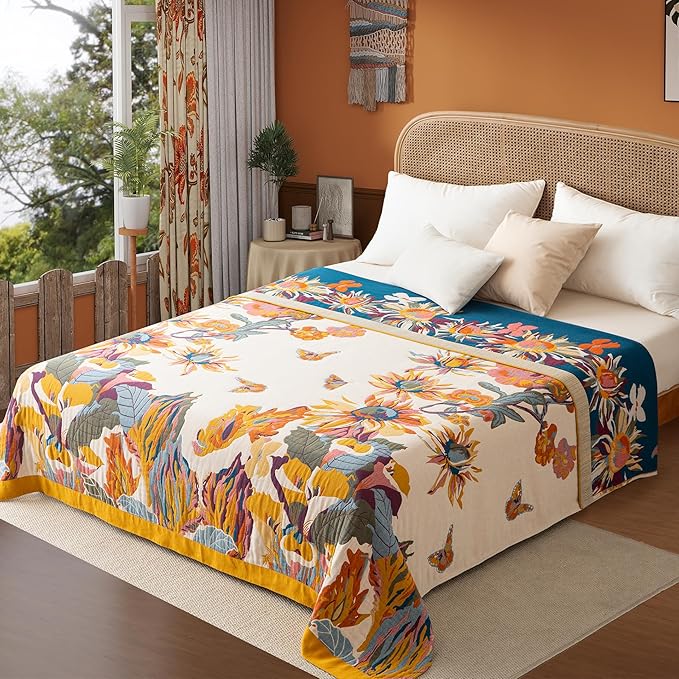 Phuryllic Boho Throw Blanket Full Size, Extra Large Soft Cozy Cotton Muslin Quilt Blanket for Bed Decor, Floral Patterned Couch Sofa Chair Cover, Vintage Farmhouse Cottage Woven Blanket, Yellow&Blue