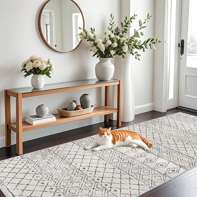 4x10 Moroccan Washable Non Slip Runner:Hallway Geometric Grey Rug | Pets Friendly Runner Rugs Low Pile Soft Indoor Floor Mat Front Door for Kitchen Bedroom Entryway Laundry
