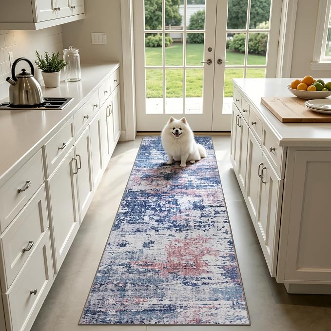 Sasttie 2x10 Runner Rug, Modern Abstract Hallway Carpet, Pink & Blue | Machine Washable, Ultra-Soft Faux Wool, Low Pile, Non-Slip, Thin, for Entrance, Entryway, Kitchen & Laundry Room