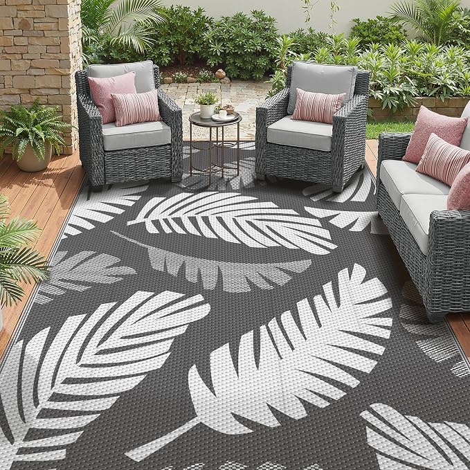 GENIMO Waterproof Outdoor Rug 6' x 9' for Patio Decor, Reversible Plastic Straw Area Rugs for Camping Clearance, RV Mat, Large Outside Carpet for Porch, Deck, Picni, Balcony, Garden, LightGrey & White
