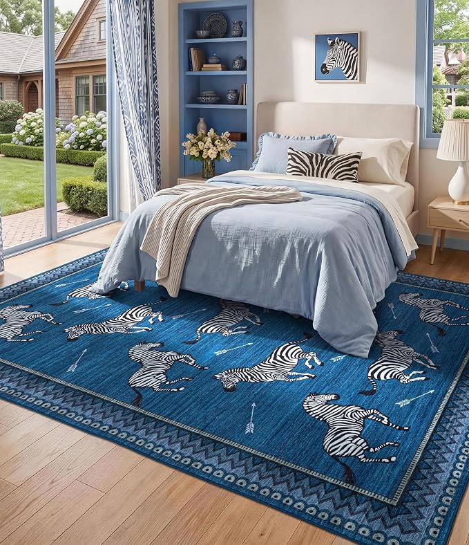 YIHOUSE Blue Zebra Area Rugs 5×7, Washable Animal Print Rug with Southwestern Border, Non-Slip Low Pile Mid-Century Modern Carpet for Living Room, Bedroom, Dining Room