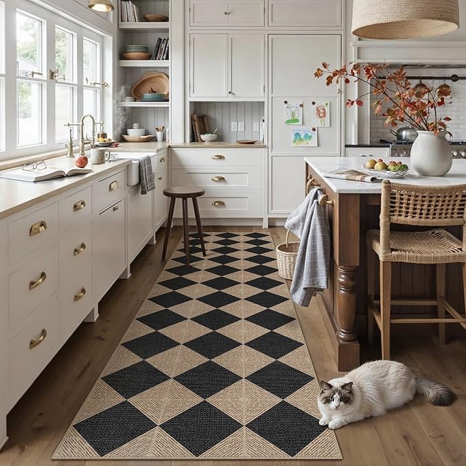 PureCozy 2x8 Checkered Easy Jute Runner Rug Non Slip Hallway Kitchen Washable Outdoor Rug for Entryway Indoor Checkerboard Black Long Indoor Outdoor Textured Diamond Carpet for Bedside Entry Porch
