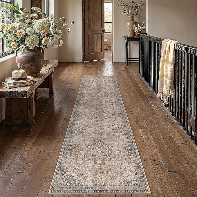 Brown Runner Rug 2x10 Hallway Vintage Floral Non-Slip Carpet | Machine Washable, Soft, Low Pile, Distressed, for Hallway, Kitchen, Laundry Room, Bathroom, Retro Farmhouse Decor