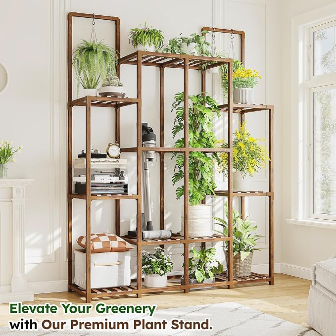 EnHomee 10 Tiers Plant Stand, Indoor Plant Stand with 14-18 Pots, Wood Plants Shelves for Living Room, Patio, Balcony, Yard, Garden, 44.8''W×11.6''D×47''H