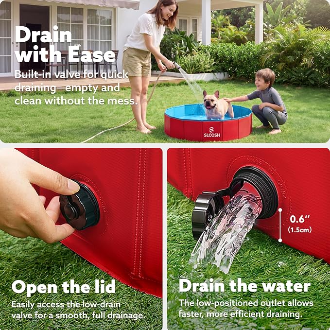 Sloosh Foldable Dog Kiddie Pool - Portable Hard Plastic Doggie Swimming Pool, Anti-Slip Collapsible Pets Bath Tub Suitable for Kids Toddler Indoor Outdoor Backyard Use (Red, 32" x 8")