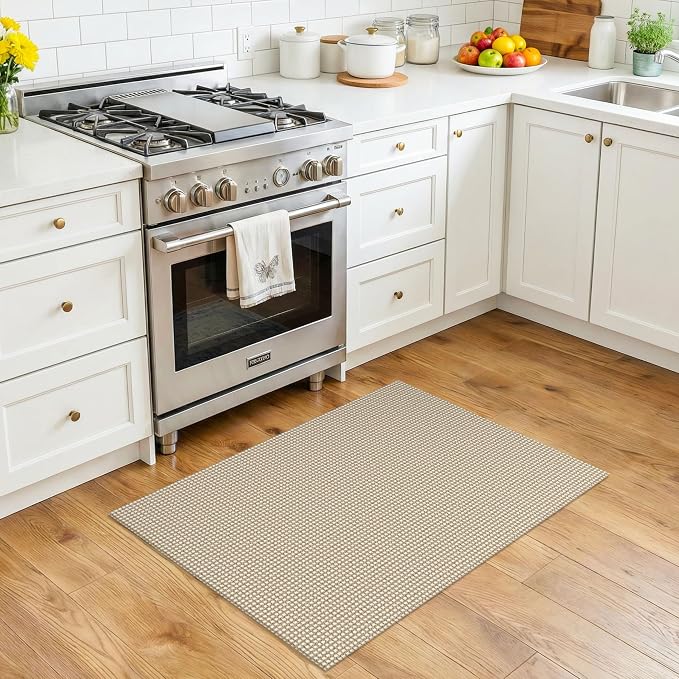 KOZYFLY Indoor Door Mat 2x3 ft Small Area Rugs Washable Front Door Mat Non Slip Rubber Backed Entryway Rug Cotton Entrance Doormat for Front Porch Bathroom Kitchen Bedroom, Ivory/Camel/Brown