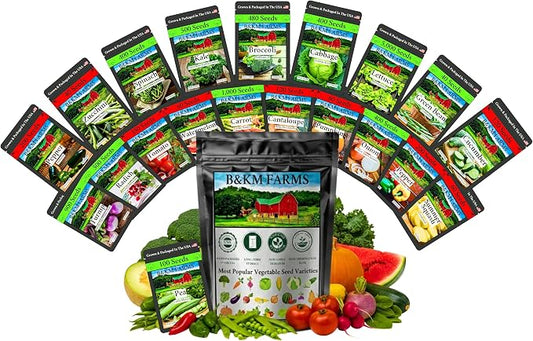 20 Vegetable Seeds Variety Pack 10,000+ Count - Essential Heirloom Garden Seeds for Planting: Non-GMO, Grown in USA; Moisture-Proof Mylar Storage, High Germination Survival Seeds for Beginners