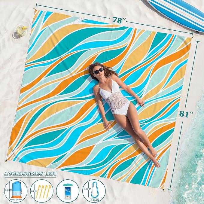 Famstar Beach Blanket Oversized Extra Large 78"X81"/10'X9',Waterproof Sandproof Beach Blanket 2-8 Adults Lightweight Durable for Travel Camping Hiking Picnic