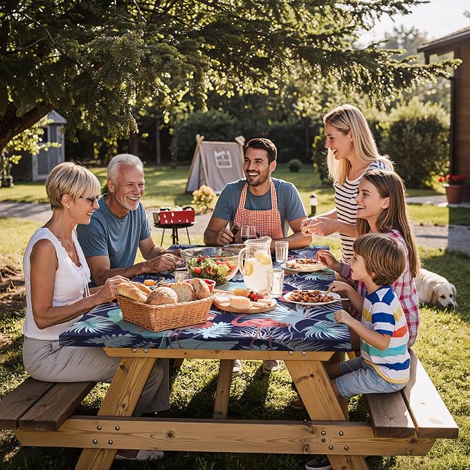 Fitted Waterproof Picnic Table Cover with Bench Covers Heavy Duty Elastic Outdoor Camping Tablecloth for 6 Foot Rectangle Tables Summer Rv Accessories Patio Garden Road Trip Essentials Gifts