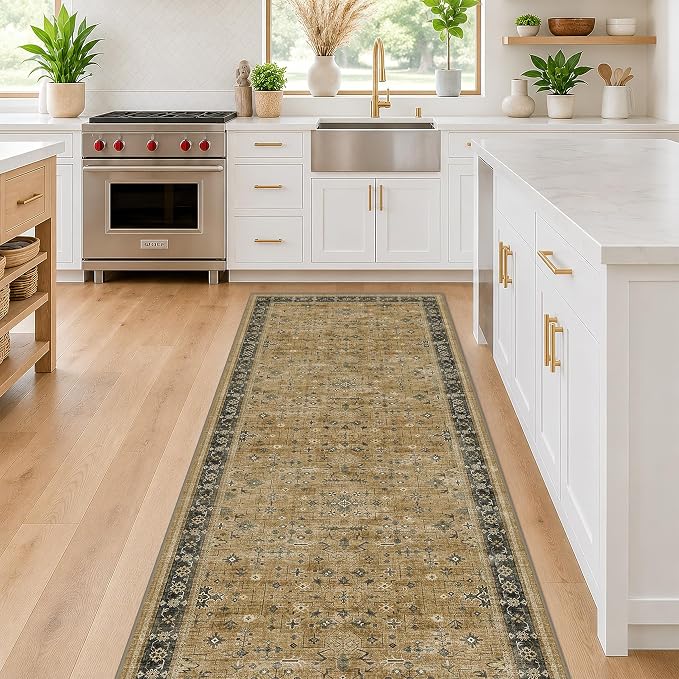 Boho 2x7 Runner Rug for Hallway, Washable Runner Rug for Kitchen, Non-Slip Low-Pile Washable Stain Resistant, Vintage Rustic Brown and Charcoal Olive Décor