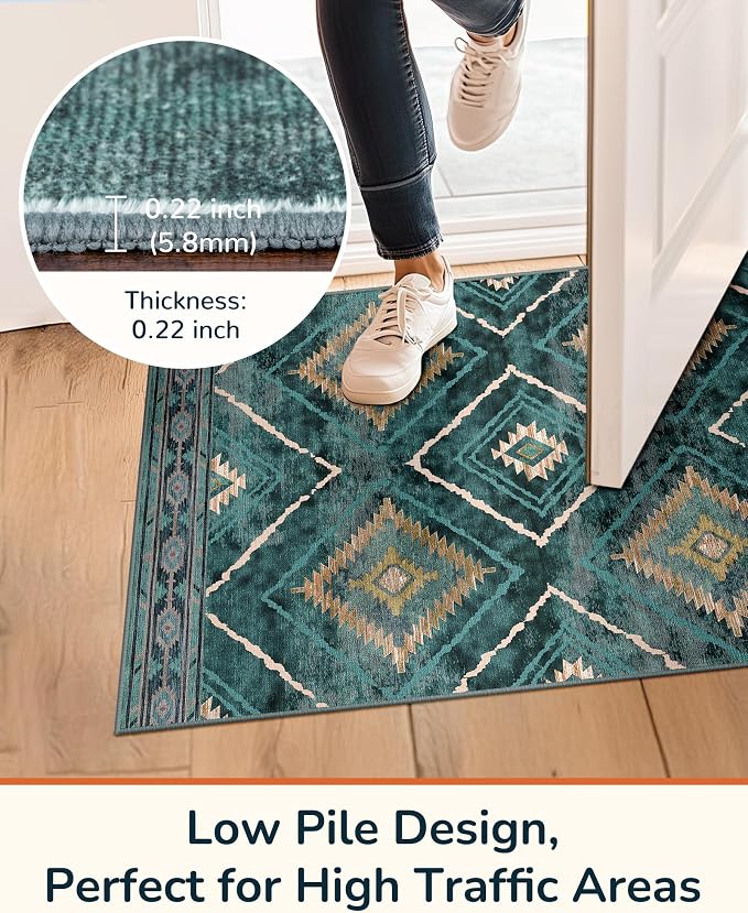 3'x5' Washable Area Rug for Living Room Bedroom Teal/Green | Soft Western No Slip Low Pile Print Foldable Indoor for Kitchen Dining Room